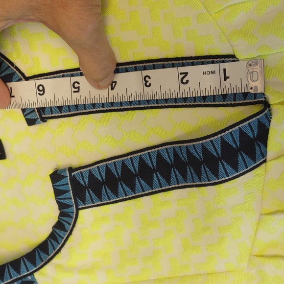 J Crew Neon Yellow and Deep Blue Geometric Print Midi Sheath Dress Size 2 EUC - Picture 10 of 16